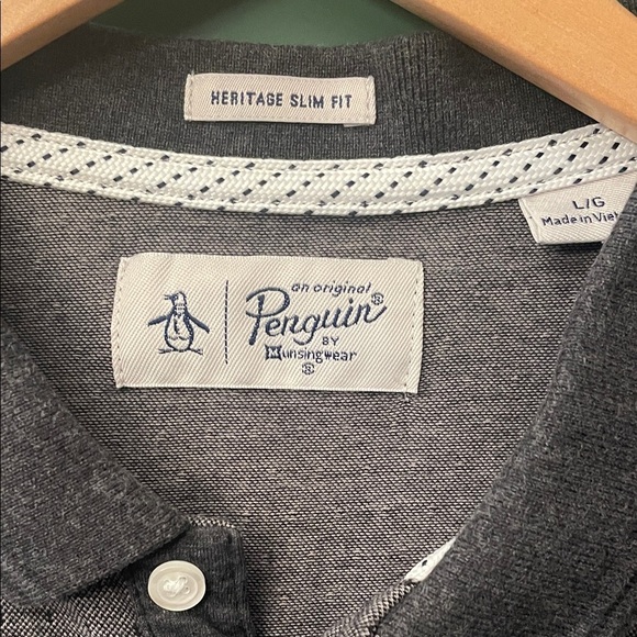 Original Penguin Mens L Heritage Slim Fit Charcoal & Black Polo Shirt Retro - Picture 2 of 6